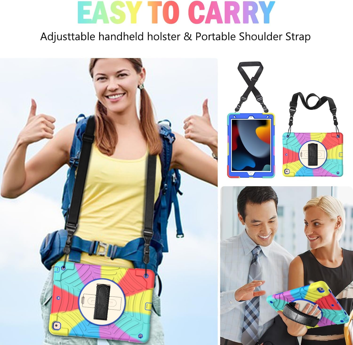 BMOUO iPad 9th Generation Case, iPad 8th/7th Generation Case, iPad 10.2 Case,Hybrid Shockproof [360 Rotating Stand] [Hand Strap] [Pencil Holder] Kids Case for iPad 10.2" 2021/2020/2019 - Colorful