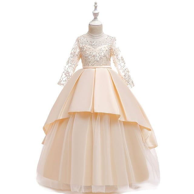 DPTALR Robe de Fête d'Anniversaire Longue pour Tout-Petites Filles en Dentelle Brodée à Fleurs en Tulle, Nœud, Manches Longues, Tempérament