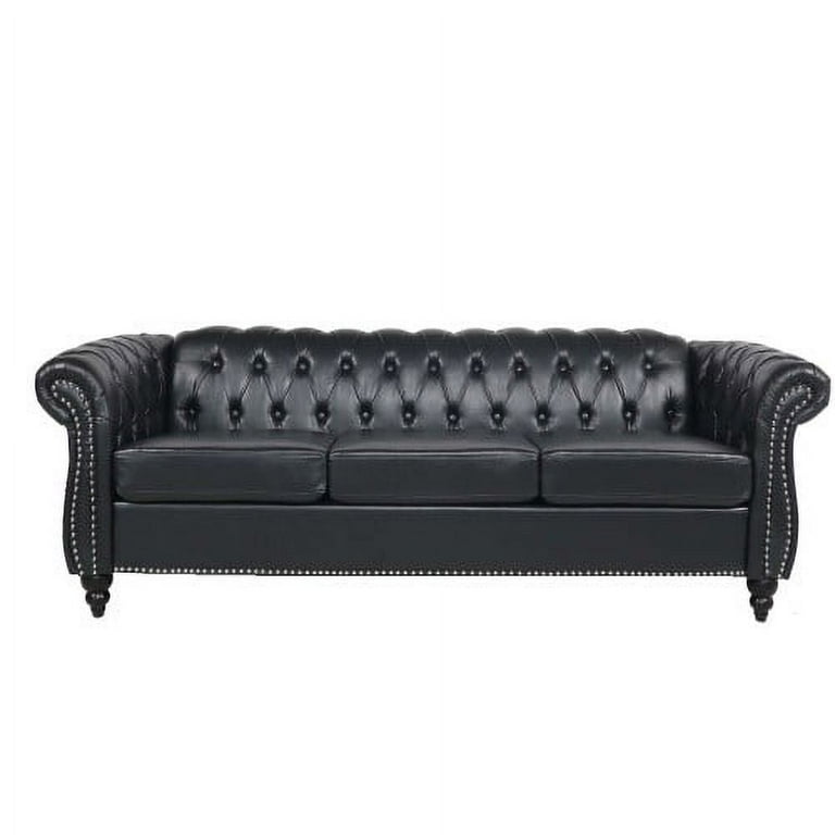Chesterfield Sofa Set, PU Leather, Black, 3 Piece Wood Furniture