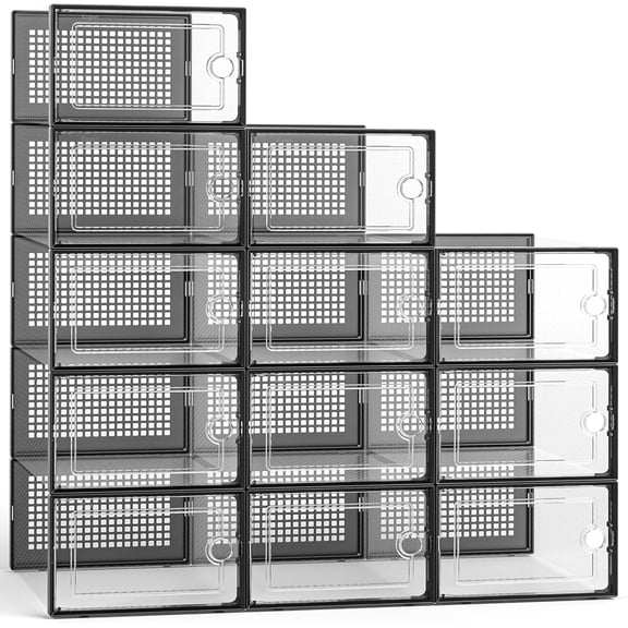 Large Shoe Organizers Storage Boxes for Closet, 12 Pack Clear Plastic Stackable Storage Bins with Lids, Under Bed Shoe Containers for Entryway, Drop Front, Fit up to Women's Size 10,Black