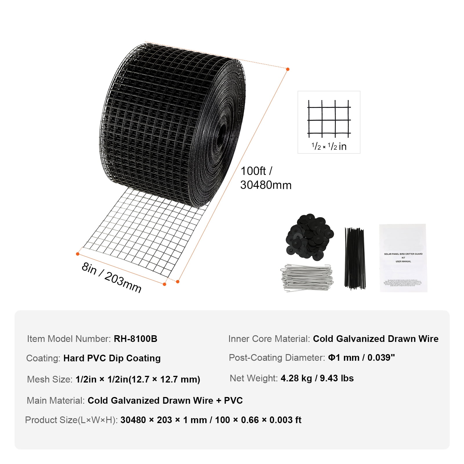 KFFKFF Solar Panel Bird Protection, 8x100ft, Complete with 100 Aluminum Fasteners, Coated with Rust-Resistant PVC, 1/2 inch Wire Mesh Roll Kit