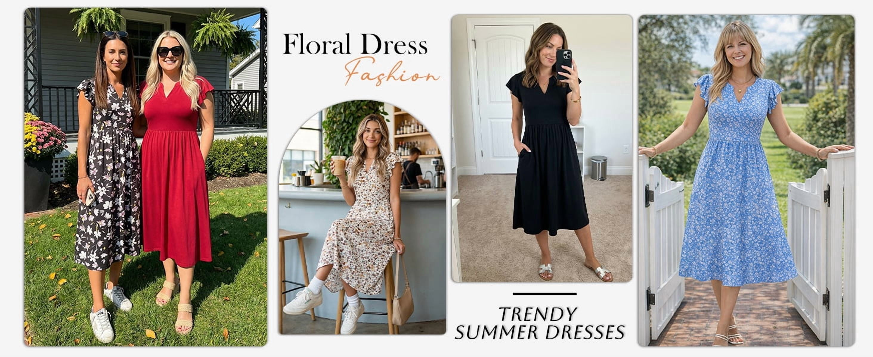 Fantaslook Summer Dresses for Women Ruffle Sleeve V Neck Midi Dresses Fashion Casual Flowy Vacation Sundress