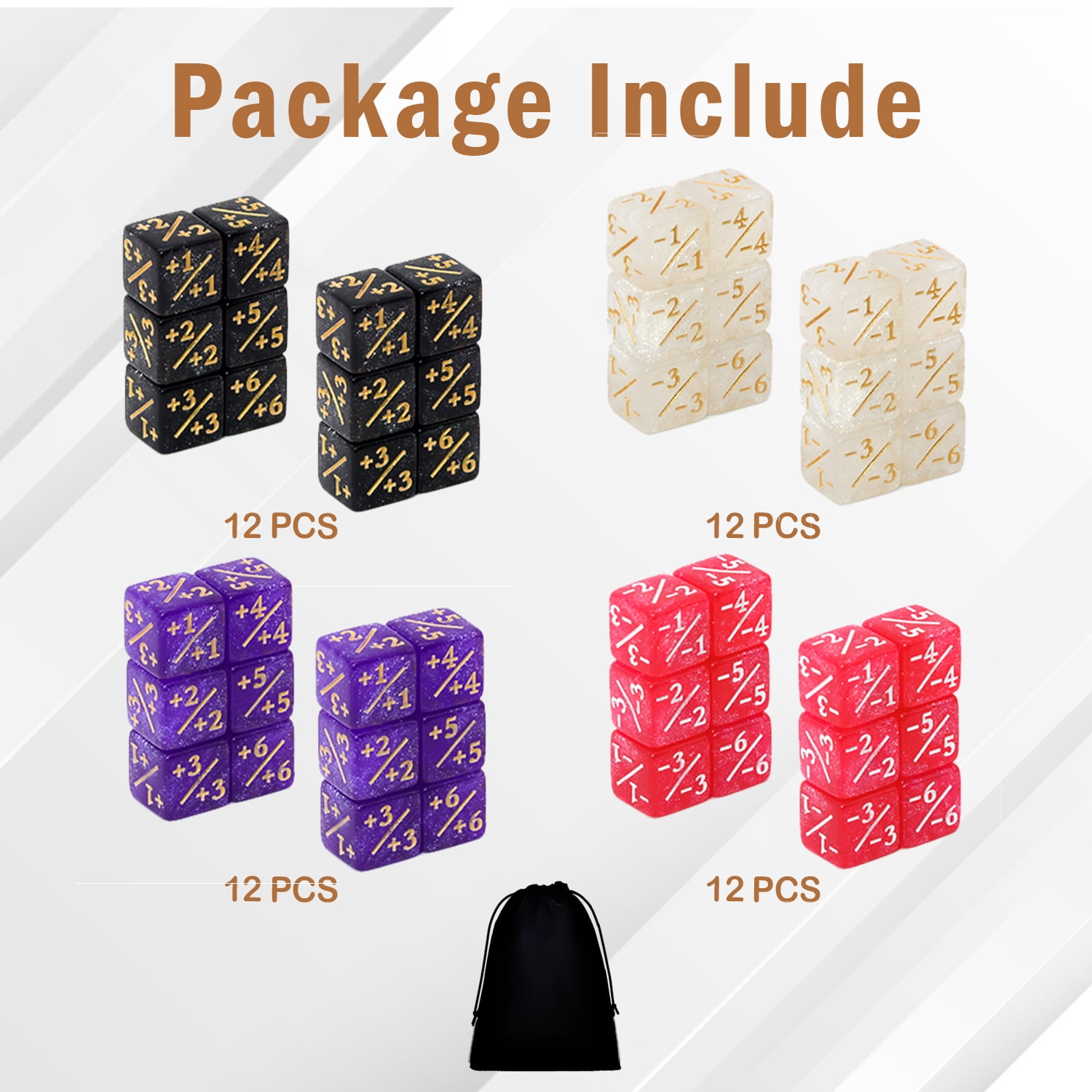 48pcs MTG Counter Dice Set 12mm/0.47inch 6-Sided +1/-1 Tokens Dice with Drawstring Bag for Magic: The Gathering, TCG, and Card Games Accessories, Magic Gathering Dice