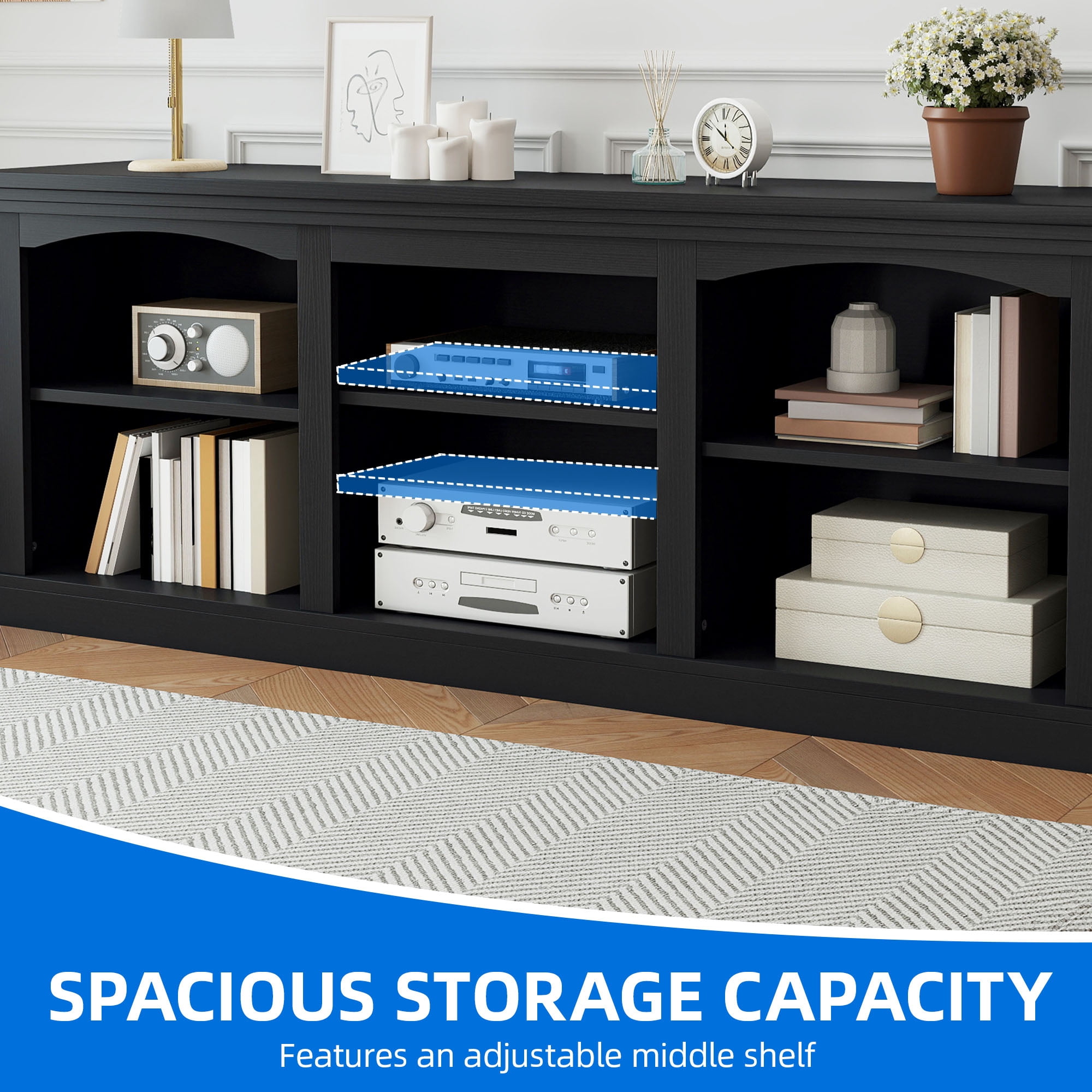Dextrus TV Stand for 80 Inches TV, Farmhouse Entertainment Center with Adjustable Shelf & Storage Cabinets, Black