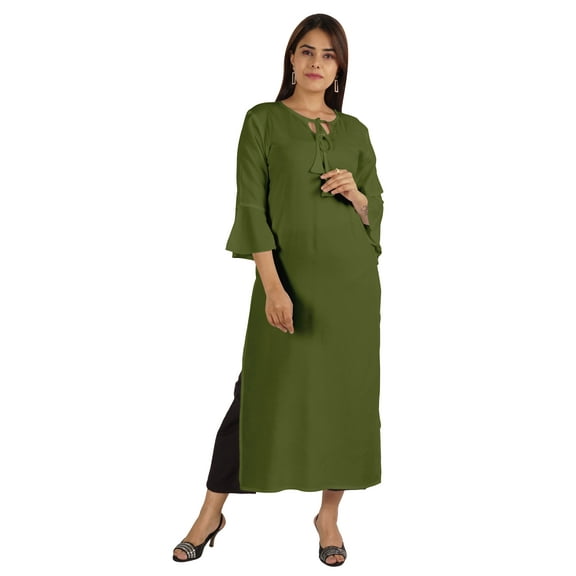 Moomaya Solid Rayon Kurta For Women bell Sleeve Drawstring Neck Long Ethnic Kurti