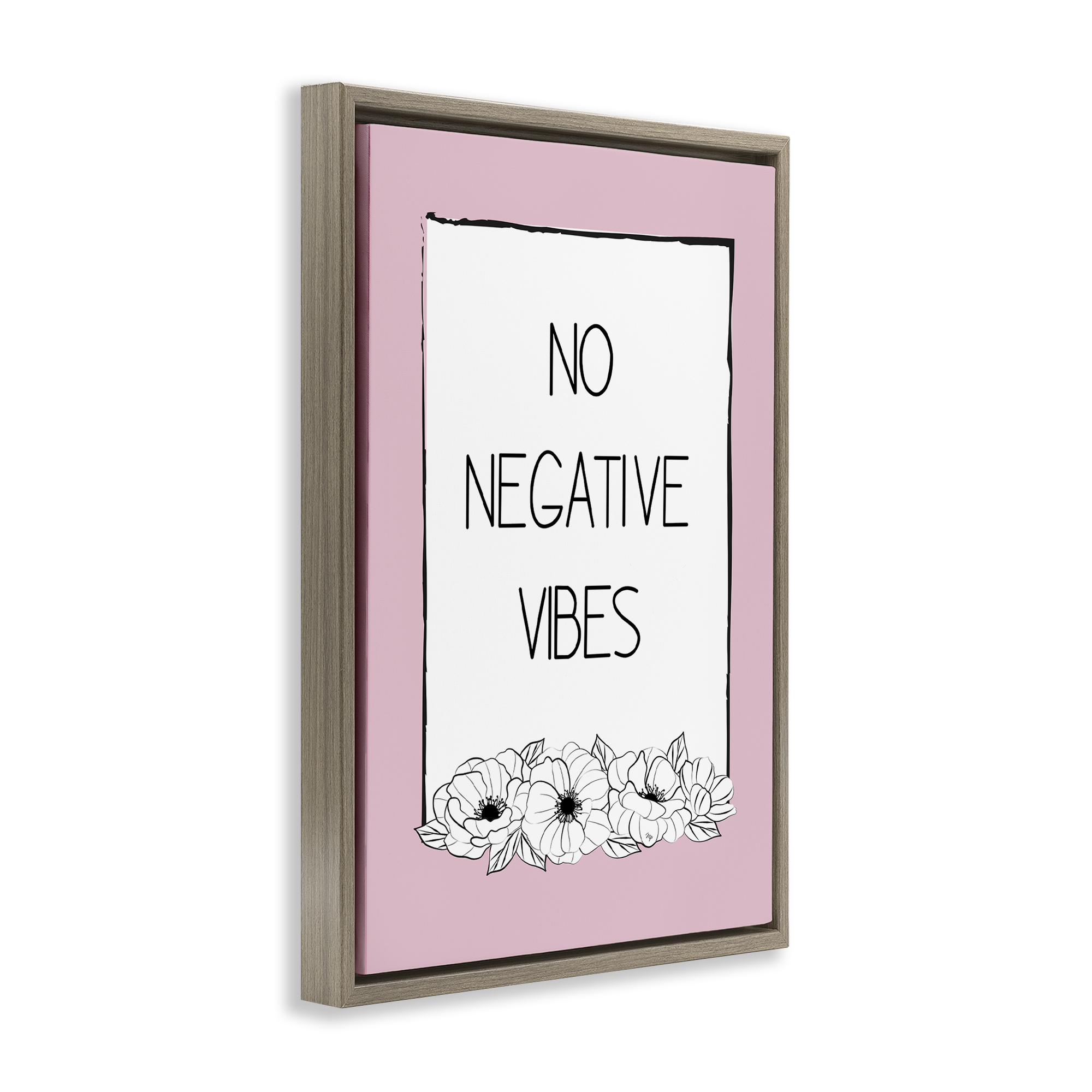 Stupell Industries No Negative Vibes on Pink Plants & Flowers Painting Brown Floater Framed Canvas Art Print Wall Art, 21 x 31