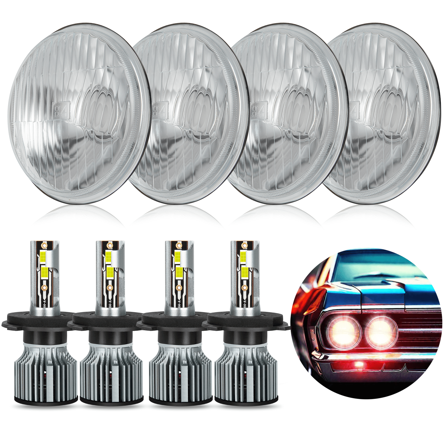 4x 5.75 Inch Round LED Headlights Hi-Lo Beam 6000K 10000 Lumens For Chevy Chevelle 1964-1970