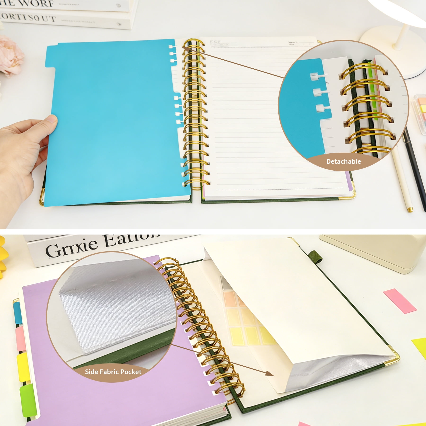 1Pack Hardcover Spiral Notebook with Tab, Ruler &  Removable Dividers, 300 Pages 8"x10" Large B5 Faux Leather Notebooks, 5 Subject Notebook College Ruled for Work, Home (Green)
