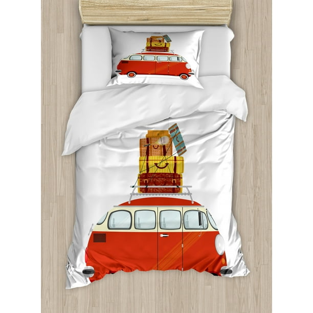 Camper Twin Size Duvet Cover Set Cartoon Style Retro Minivan With Suitcases And Bird Cage Traveling Theme Holiday Decorative 2 Piece Bedding 1 Pillow Sham Multicolor By Ambesonne Com Camper Twin Size Duvet Cover Set, Travel Themed Twin Bedding