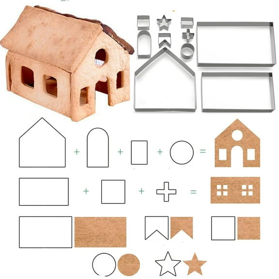 Christmas Cookie Cutters,Bexikou 10 Pcs House Baking Kit,Stainless Steel Cookie Mold Cutters Set for Christmas Gingerbread House Making Kit for Kids Adults