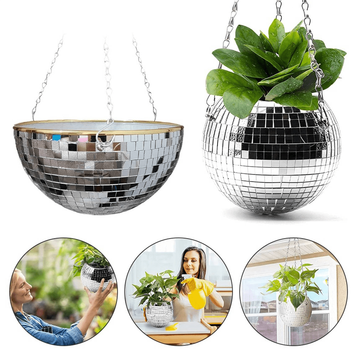 2X Disco Planter Shape Hanging Vase Flower Planter Pots with Drainage Mirror Hanging Basket Garden Decoration-XL