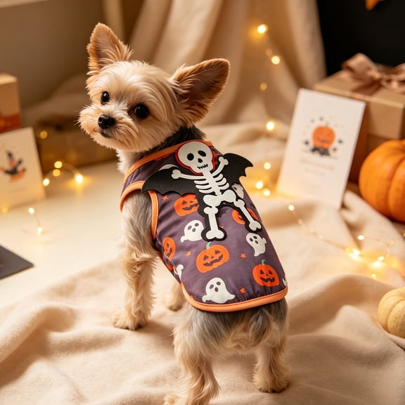 QLUEWX Halloween Dog Clothes, Funny Pumpkin Ghost Bat Printed Pet Vest, Cute Puppy Cosplay Costume, Holiday Outfit for Teddy Dogs Daily Party Dress Up, White/XL