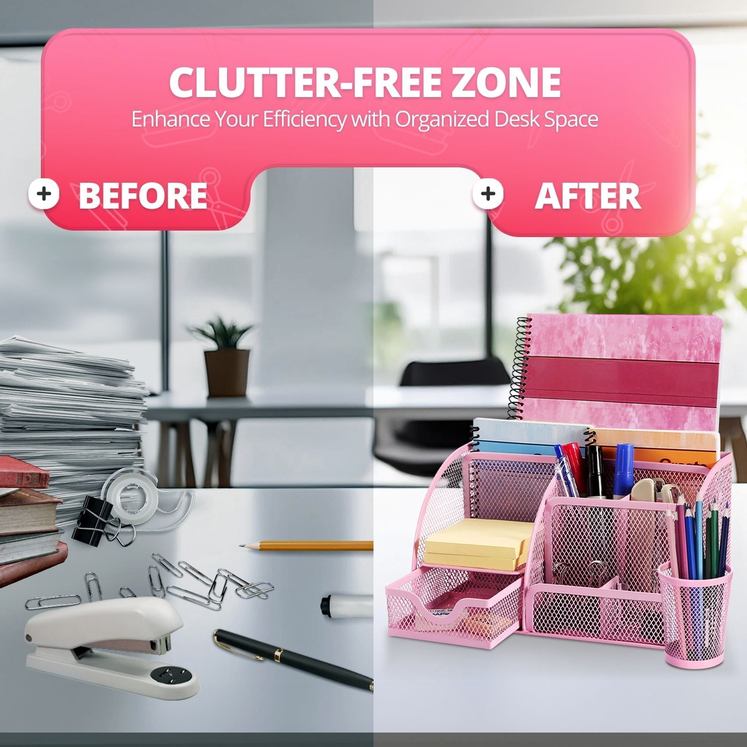 Desk Organizer Office Supplies Accessories Desktop Tabletop Sorter Shelf Pencil Holder Caddy Set - Metal Mesh with Drawer and 6 Compartments (Pink)