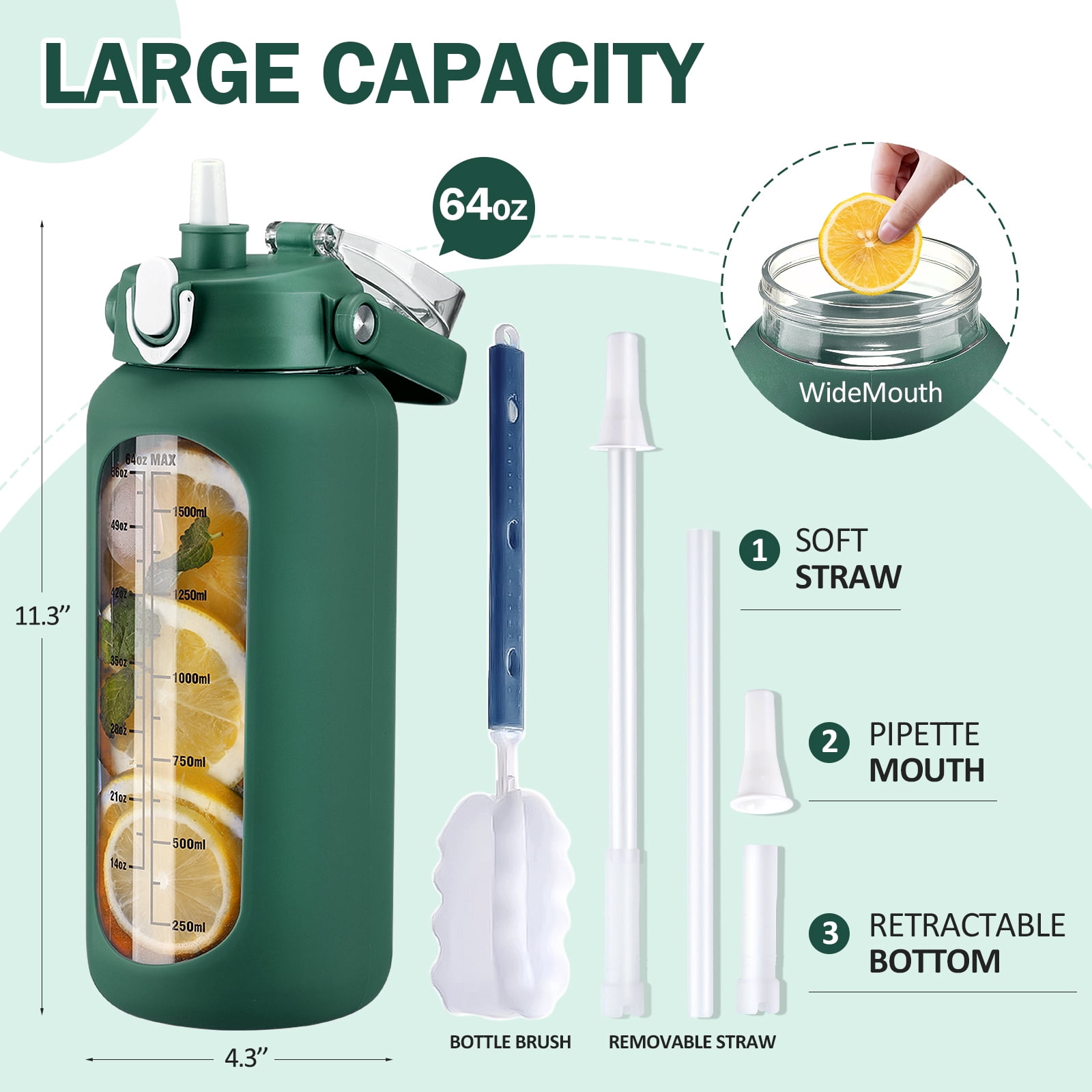 MUKOKO 64oz Glass Water Bottles, Motivational Glass Bottle with Silicone Sleeve, Straw and Time Marker, Leakproof Large Half Gallon Glass Water Jug for Gym Home Office, Dark Green