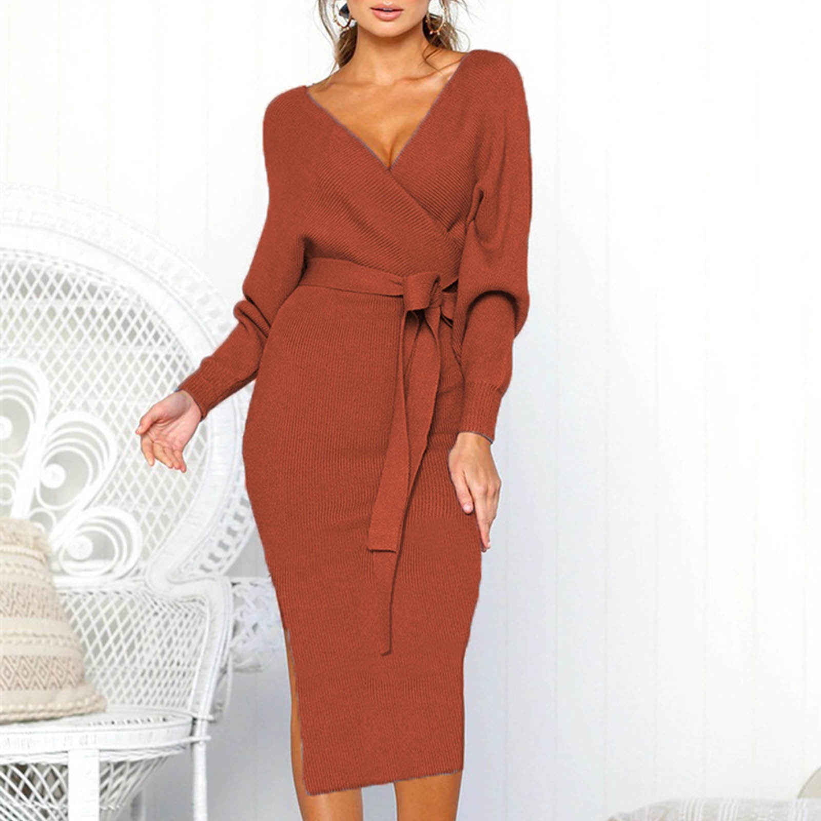 Knitted Sweater Wrap Midi Dress Womens Puff Long Sleeve V Neck Tie Waist Bodycon Split Pencil Dress with Belt (Small, Coffee)
