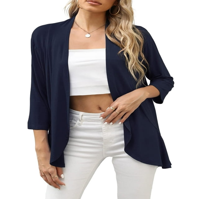 Womens Lightweight Open Front Cardigans 3/4 Sleeve Ruffled Hem Roomy Casual Cardigan Without Button