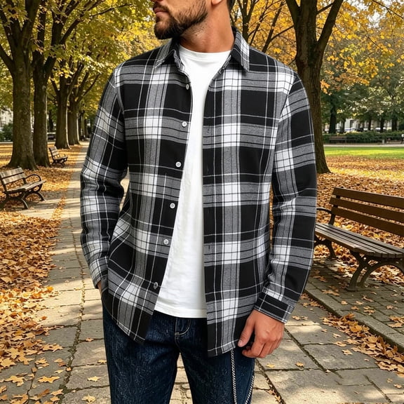 Nmnitkp Men's Long Sleeve Shirt Vintage Plaid Flannel Button Down Shirt Lightweight Brushed Long Sleeve Collared Shacket Casual Fall Winter Layering Top for Daily Outdoor Work Wear Black,S