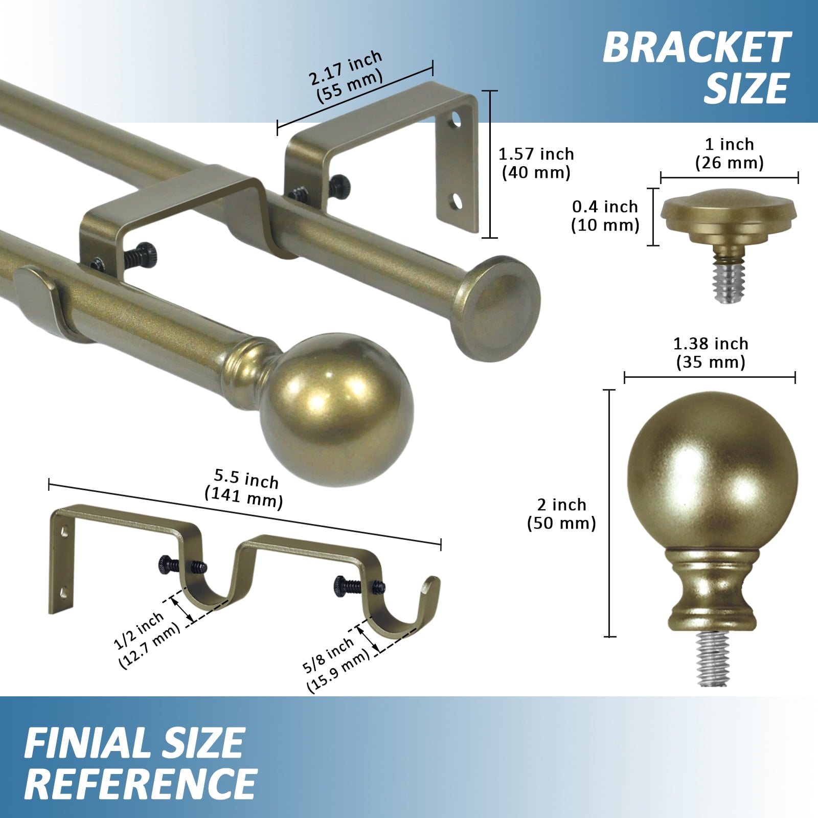 Urbanest Adjustable Double Curtain Rod Set Metal with Decorative Ball Finials, Heavy-Duty, 28"-48", Antique Gold