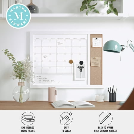 Martha Stewart - Everette Dry Erase Magnetic Monthly Calendar/Cork Board - 24x18 - White Woodgrain