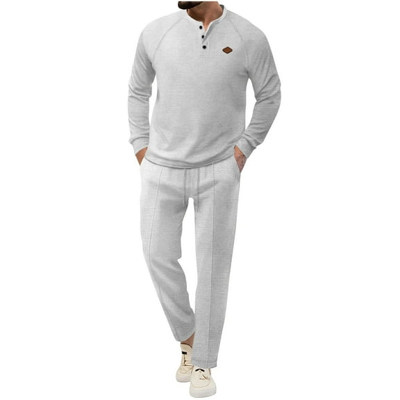 BXINGOHAI Mens 2 Piece Sets Casual Long Sleeve Henely Shirts With Pants Set Solid Color Loose Fit Outfits Comfy Daily Clothes Outfit Today Gray,XXL