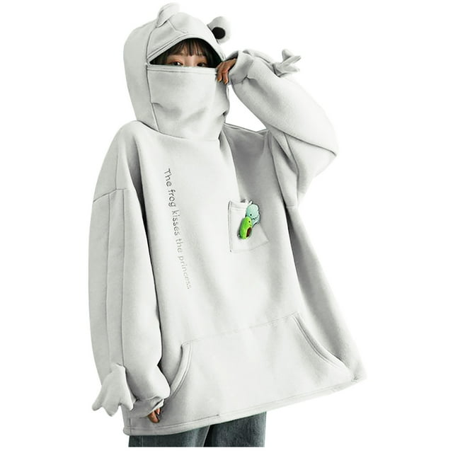 IROINID Deals Womens Winter Clothes Pullover Hoodies Stitching Three-Dimensional Pocket Cute Design Sweatshirt,White