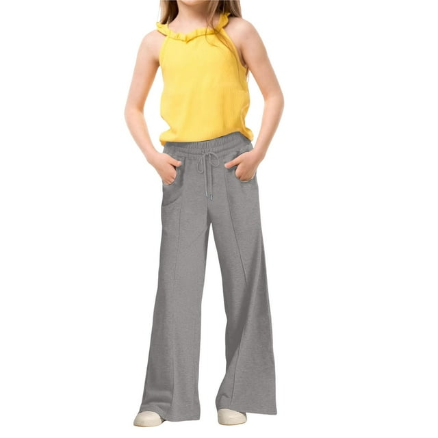 Oversized Wide Leg Sweatpants Girls Elastic Drawstring Straight Leg Sweatpants Waisted Baggy Pants Pocket Dark Gray