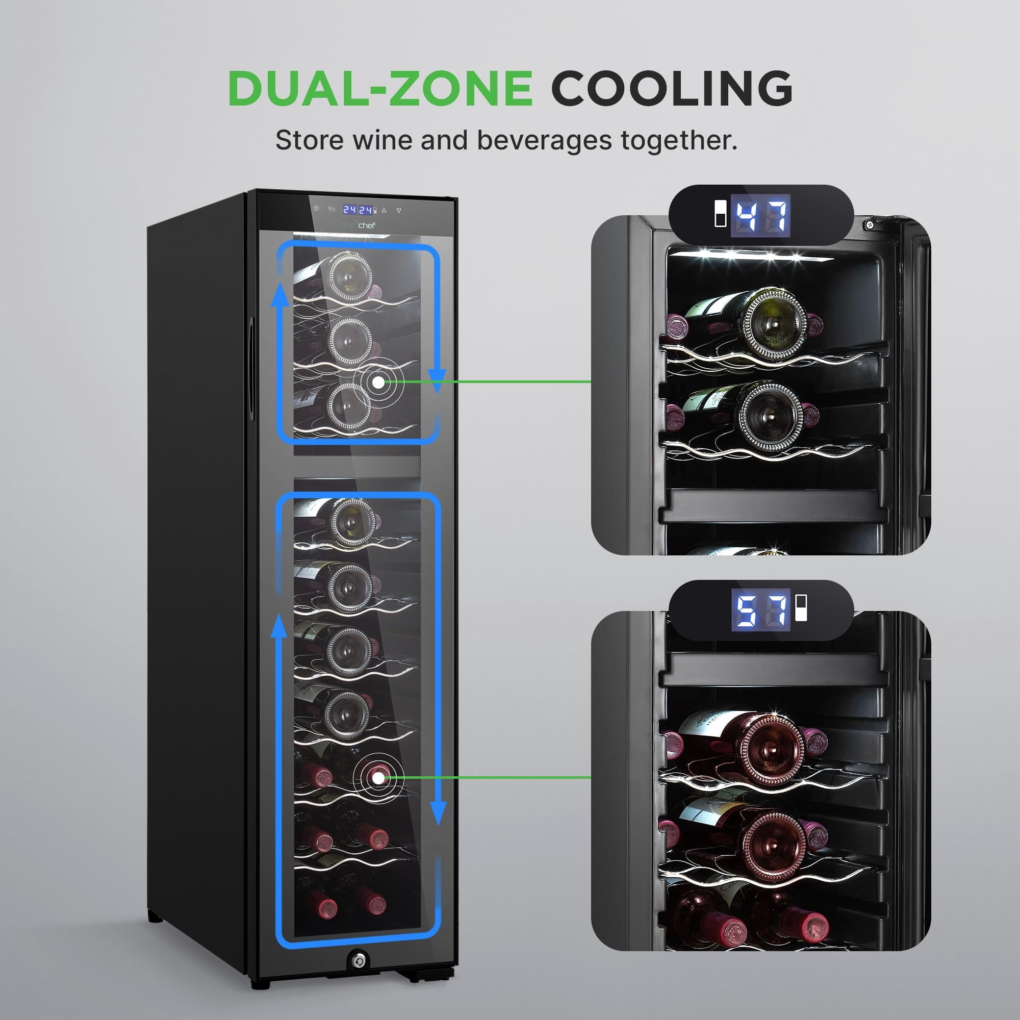 NutriChef PKCWCDS275 Chilling Refrigerator Cellar-Dual-Zone Wine Cooler/Chiller, Digital Touch Button Control with Air Tight Seal, Contains Placement for Standing 27 Bottle Storage Capacity, Black