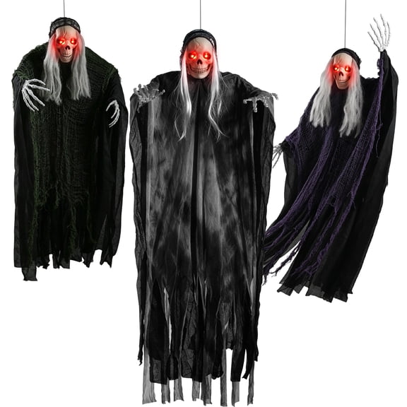 Ayieyill 3 Pack Hanging Skeleton Ghosts for Halloween Decorations Outdoor, Grim Reaper for Halloween Decor