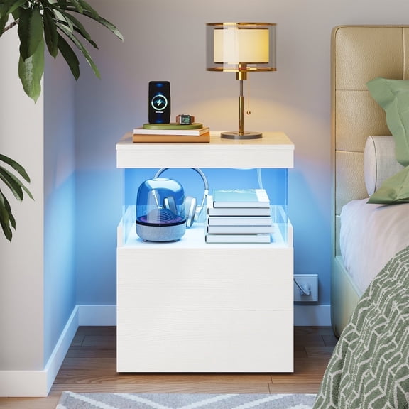 TOMNK White Nightstand with Charging Station, Bedside Table for Bedroom, LED Nightstand, Modern Night Stand with Drawers, White