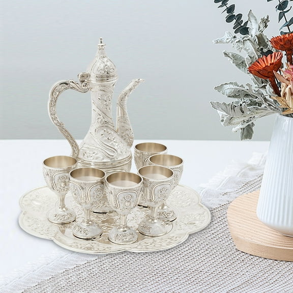 Vintage Tabletop Teapot Set, Multi-functional Zinc Alloy Tea Tray and Cups for Coffee, Wine