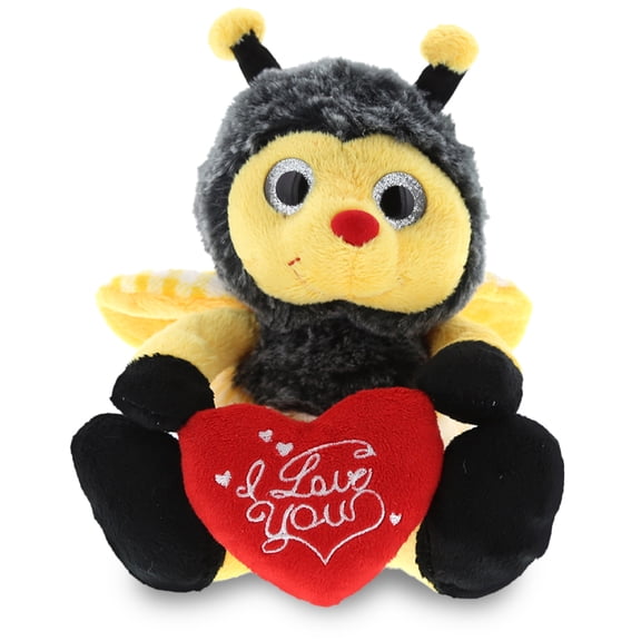 DolliBu I LOVE YOU Plush Sitting Bee – Cute Stuffed Animal with Heart for Valentines, Anniversary, Special Occasions, Romantic Date, Boyfriend, or Girlfriend Gift - 7 Inch