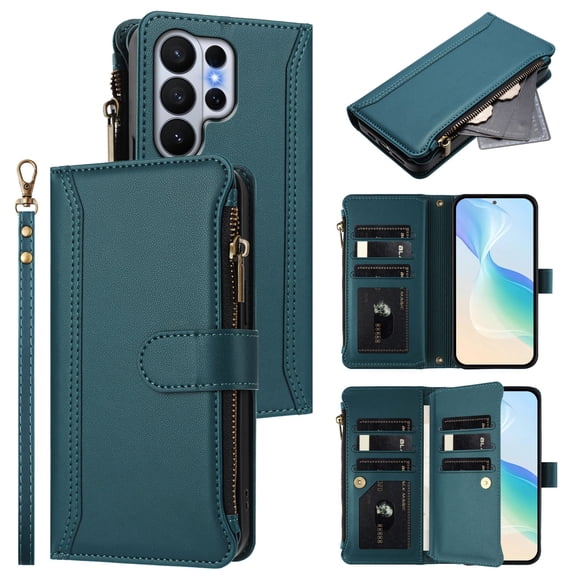 Decase for Samsung Galaxy S26 Ultra Zipper Wallet Phone Case,Shockproof Cover with 9 Card Slots,Magnetic Flip PU Leather Hybrid Card Holder Kickstand,Darkgreen