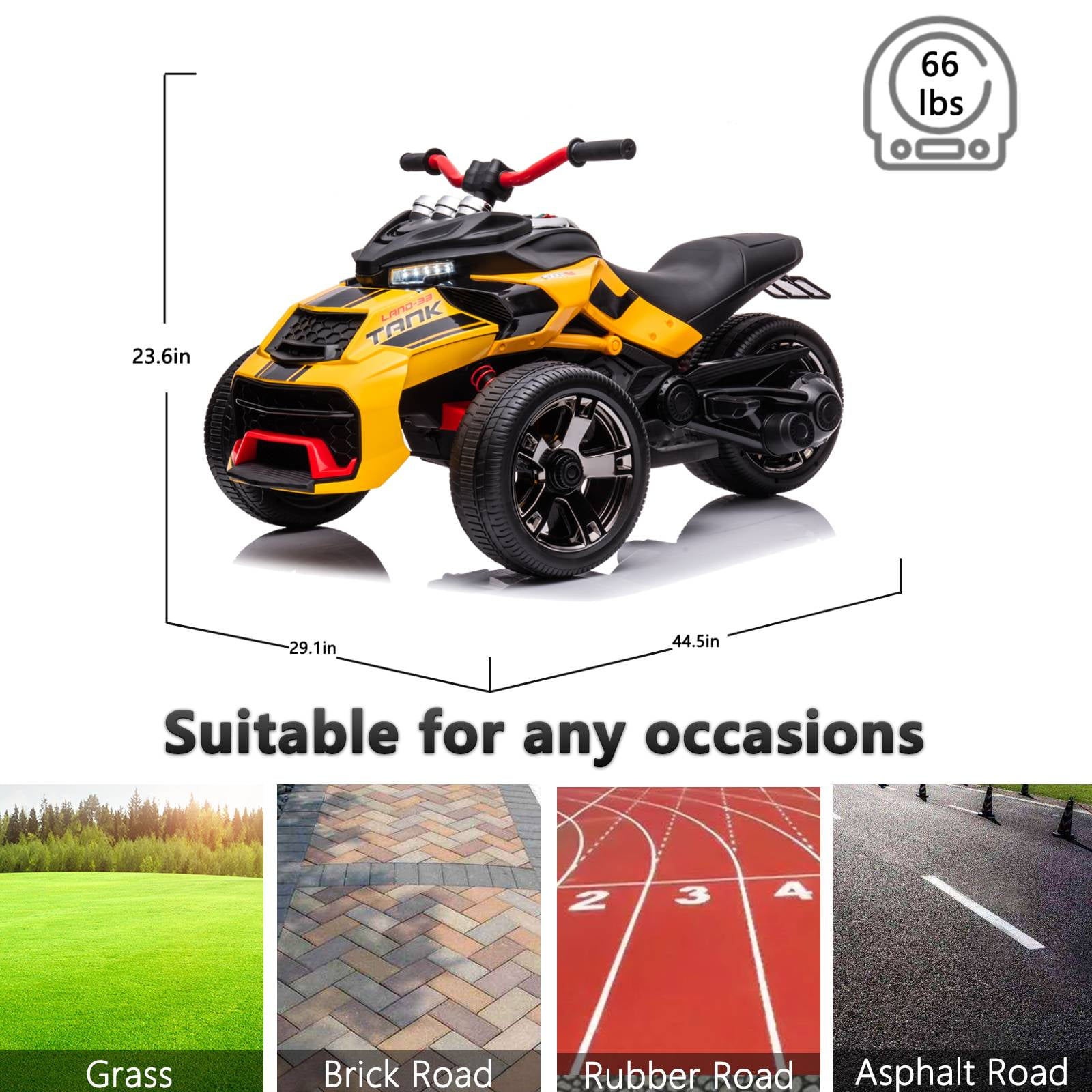LUIBAS 24V Kids ATV Ride On Motorcycle Electric 3 Wheeler Ride-On Electric ATV Kids Ride On Toys for Kids with Battery Powered Motor, EVA Wheels, w/LED Lights, Bluetooth, MP3 for 3+ Years, Yellow