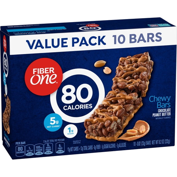 Fiber One 80 Calorie Chewy Bars, Chocolate Peanut Butter, Snack Bars Value Pack, 10 Ct, 8.2 oz