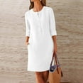 thumbnail image 2 of Lenpel Robe Tunique pour Femme Grande Taille à Manches Longues, Col Ras du Cou, Demi-Boutonnage, Longueur Genou, Robe Chemise avec Poches (Blanc, Grand), 2 of 5
