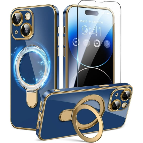 for iPhone 15 Case with Magnetic Ring Stand [Compatible with MagSafe] [Full Camera Cover Protector] [Military Drop Protection] Women Men Shockproof Phone Case for iPhone 15 6.1'',Deep Blue