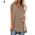 thumbnail image 1 of Camiseta informal con cuello en V para mujer, tela de verano suelta de lino y algodón, caqui, S Inevent AP001830-25, 1 of 7