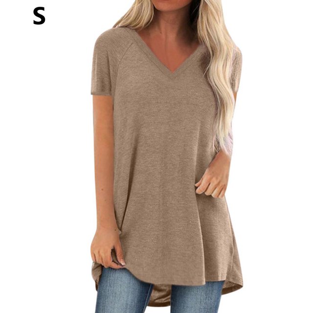 Camiseta informal con cuello en V para mujer, tela de verano suelta de lino y algodón, caqui, S Inevent AP001830-25