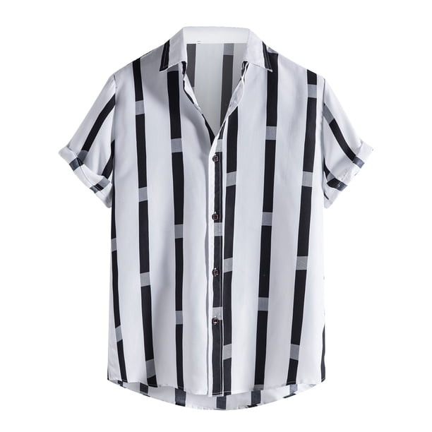 Hombres Casual Patchwork Botones Playa Sin posicionamiento Estampado a rayas Turndown Camisa de manga corta Blusa Pompotops oipoqjl47916