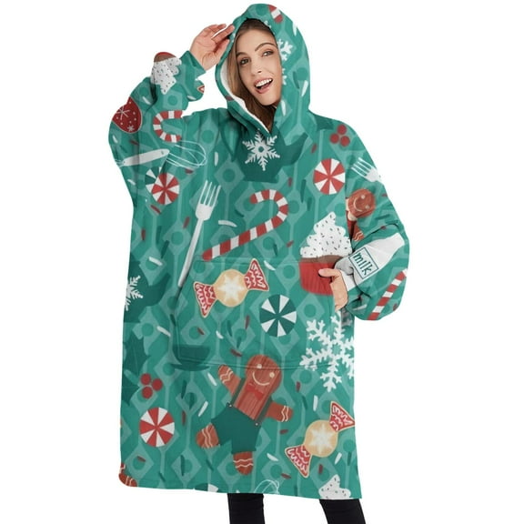 Oversized Wearable Blanket Hoodie,Green Christmas Baking Pattern Sherpa Blanket Hoodie with Super Pockets,Super Warm Fuzzy Pullover for Women & Men
