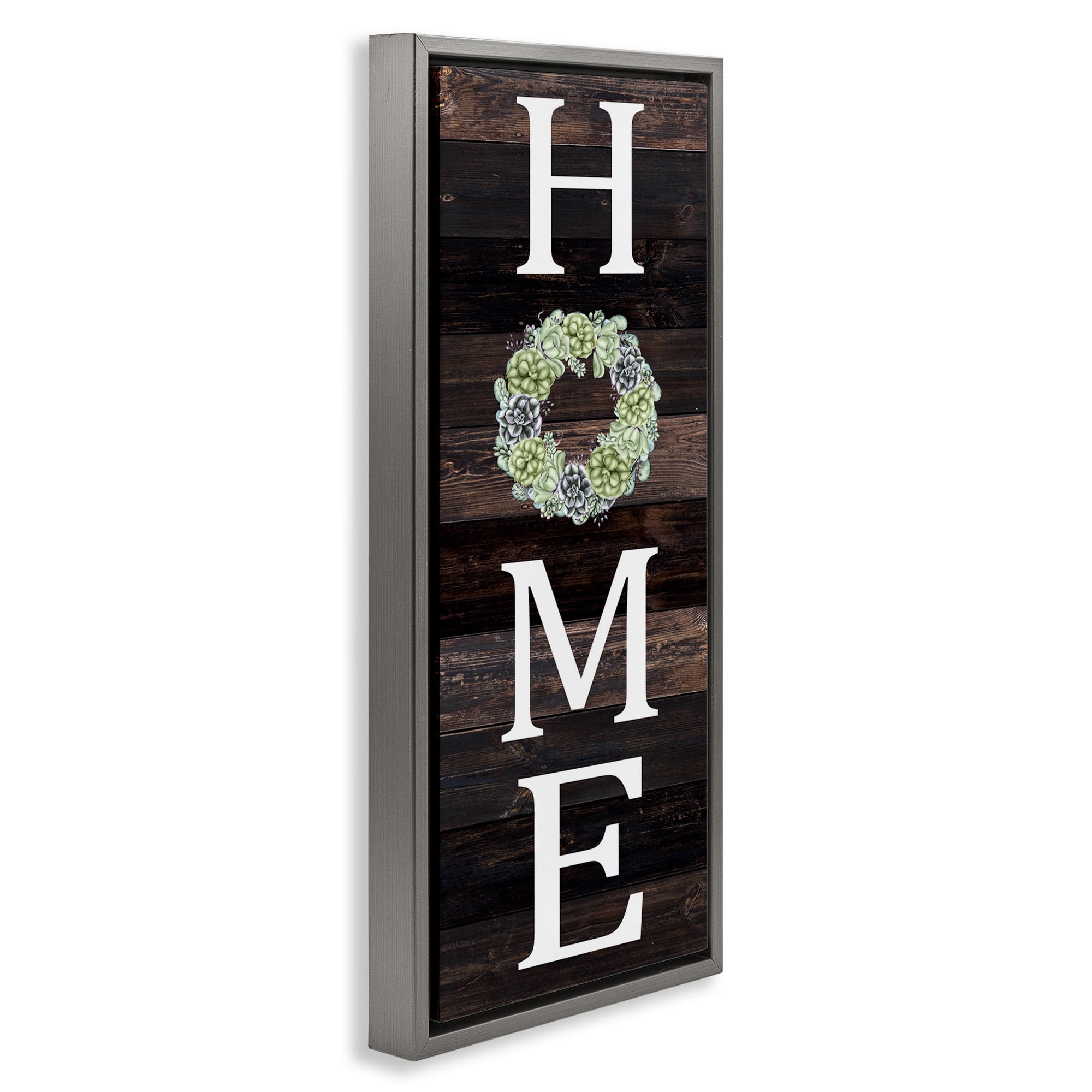 Stupell Industries Welcome Home with Succulent Wreath Typography Painting Gray Floater Framed Canvas Art Print Wall Art, 11 x 25