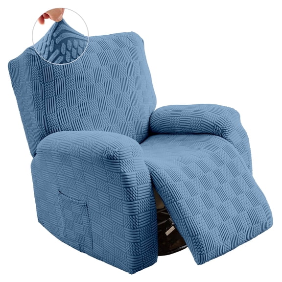 SUNICOL 4-Piece Stretch Recliner Slipcover, Jacquard Small Grid Recliner Chair Cover with Side Pocket, Fitted Elastic Furniture Protector for Cat & Dog Pet, Blue