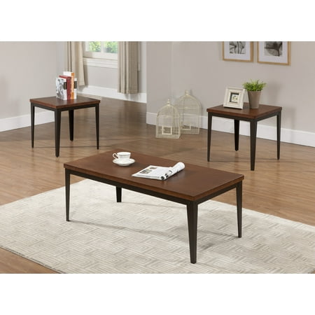 Kaimi 3 Piece Cherry Wood Top Occasional Cocktail Coffee & 2 End Tables Set (Metal Frame)