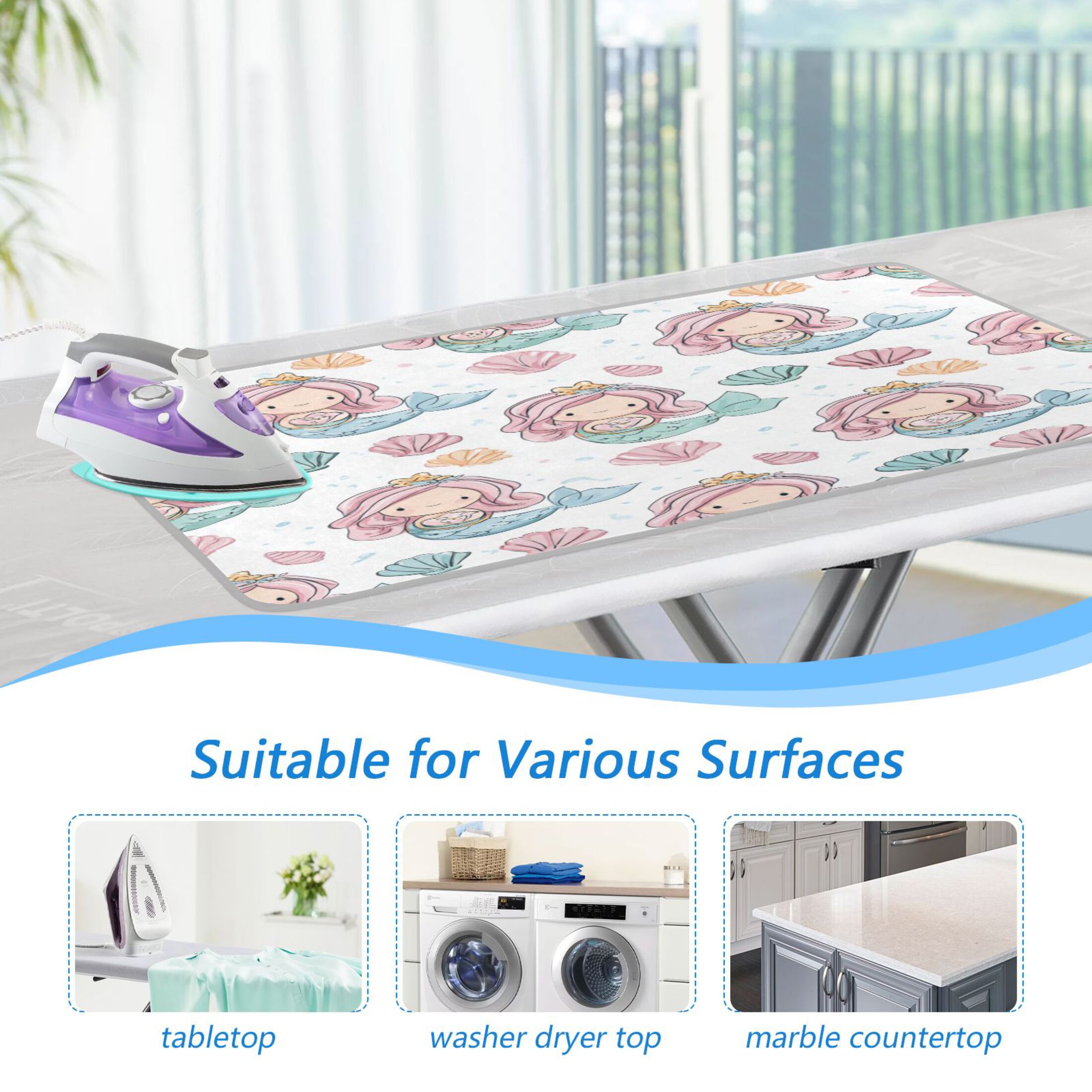 Ironing Mat Portable Ironing Blanket for Table Top Travel Ironing Pad for Washer Dryer 27.6" x 47.2" Pastel Colors Mermaid