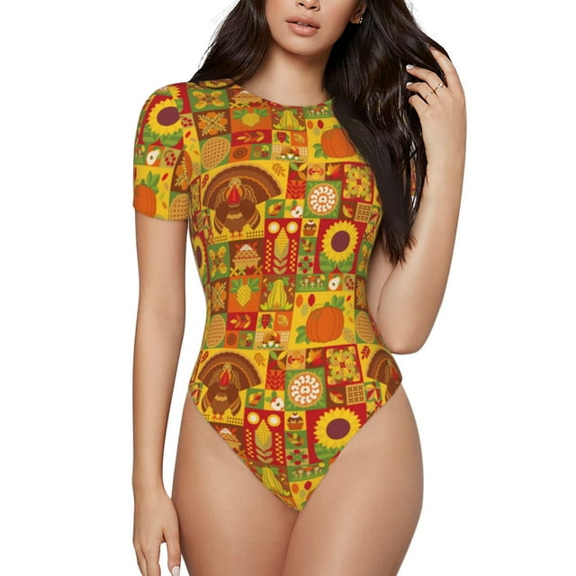 Bingfone Thanksgiving Day Pattern Women's Round Neck Bodysuit, Tight Snap Button Short Sleeve Bodysuit, Suitable for Party, Sports, Daily Wear-XX-Large