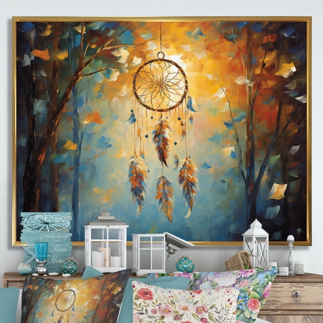 Designart Décoration Murale Encadrée Attrape-Rêves, art Mural Encadré Attrape-Rêves Bleu Expressionniste, art Mural Traditionnel Encadré Bleu Or, 44x34 Pouces Cadre Doré