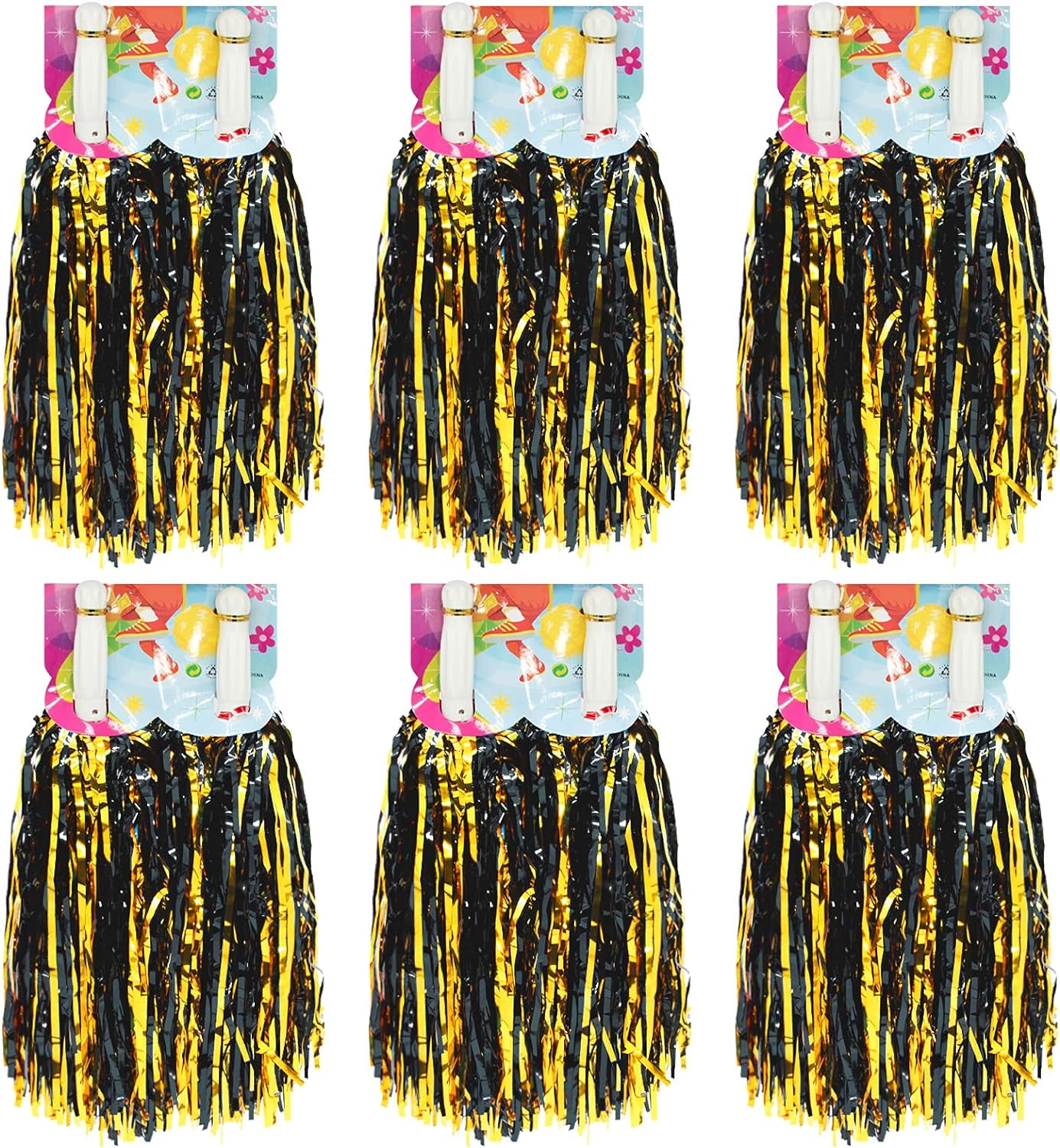 12 Pack Cheerleading Pom Poms with Baton Handle, Metallic Foil Pom Poms Hand Flowers Cheerleader Pompoms for Sports Cheers Ball Dance Fancy Dress Night Party (Black/Gold)