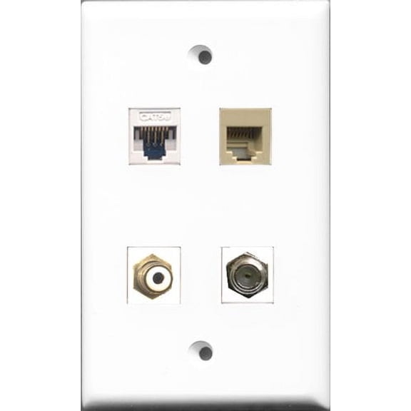 RiteAV 1 Port RCA White and 1 Port Coax Cable TV- F-Type and 1 Port Phone RJ11 RJ12 Beige and 1 Port Cat5e Ethernet White Wall Plate