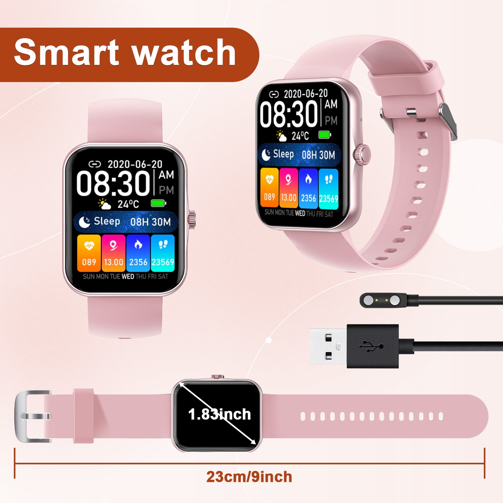 PTHTECHUS 1.83'' Smart Watch for Kids Sport Smartwatch with 37 Sports Modes DIY Watch Touchscreen Phone Calls Music Calculator Excellent Gift for Teenage(Pink)