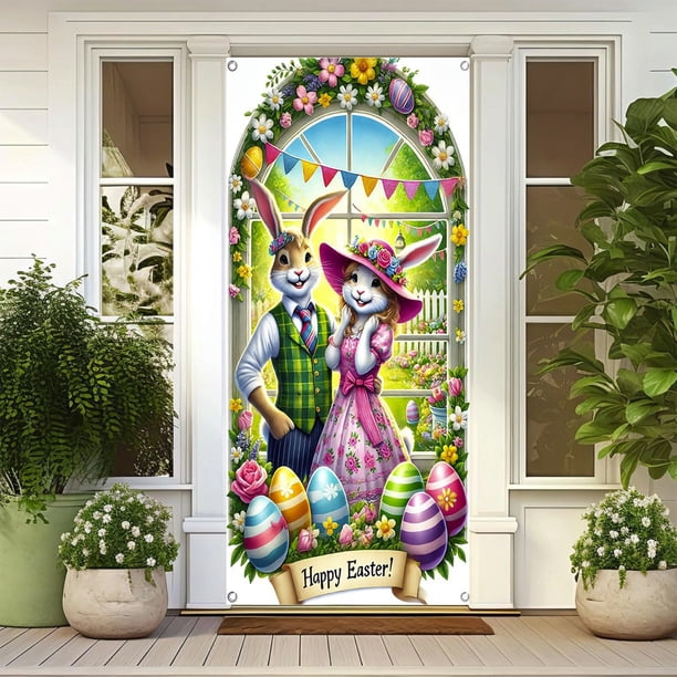 CaiYueKe Easter Door Cover Decoration Outdoor Party Decor Spring Holiday Door Curtain Bunny Rabbit Egg Festive Atmosphere Photography Backdrop Vertical Horizontal Hanging Decorations